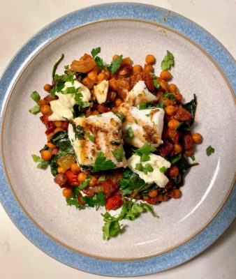 cod with chorzo and chickpeas