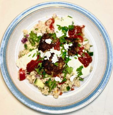 harissa meatballs with feta and bulgar wheat